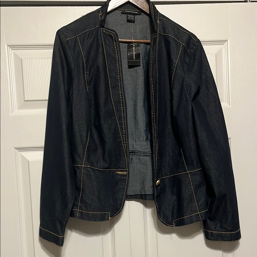 Ashley Stewart Blue Jean Jacket with Notched Lapel and Structured Shape